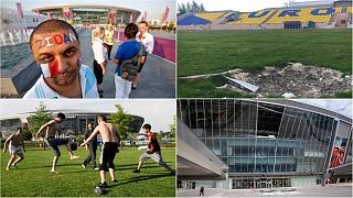 Left: Fans at Donetsk Arena during Euro 2012. Top right: A Euro 2012 training pitch in Kharkiv after bomb damage. Bottom right: Donetsk Arena was damaged by a blast in 2014.