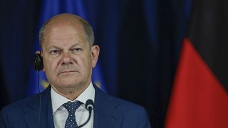 German Chancellor Olaf Scholz attends a press conference Pristina on 10 June 2022