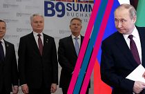 À gauche, les présidents polonais (Duda), lituanien (Nauseda) et roumain (Iohannis). À droite, Vladimir Poutine 