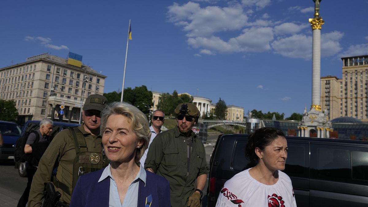European Commission President Ursula von der Leyen, left, visits Maidan Square in Kyiv, Ukraine, Saturday, June 11, 2022. 