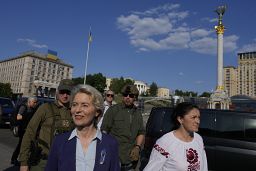 European Commission President Ursula von der Leyen, left, visits Maidan Square in Kyiv, Ukraine, Saturday, June 11, 2022. 