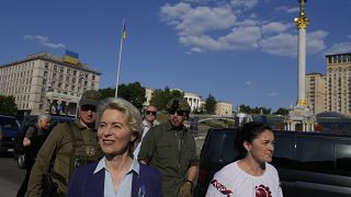 European Commission President Ursula von der Leyen, left, visits Maidan Square in Kyiv, Ukraine, Saturday, June 11, 2022.