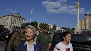 European Commission President Ursula von der Leyen, left, visits Maidan Square in Kyiv, Ukraine, Saturday, June 11, 2022. 