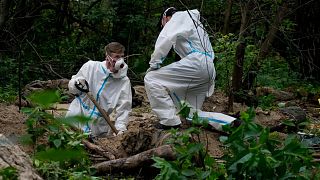 Members of an extraction crew work during an exhumation at a mass grave near Bucha, on the outskirts of Kyiv, Ukraine, Monday, June 13, 2022.