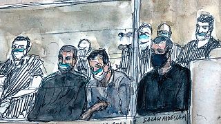 Mohamed Bakkali, Oussama Atar et Salah Abdeslam lors du réquisitoire du procès des attentats du 13 novembre 2015, à Paris, le vendredi 10 juin 2022.
