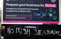 Билборд с информацией о помощи бизнесу после "брексита" и лозунг против морской границы в Южном Белфасте, 30 января 2021