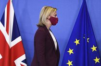 British Foreign Secretary Liz Truss arrives for a meeting with European Commissioner Maros Sefcovic at EU headquarters in Brussels, on 24 January 2022.