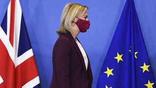 British Foreign Secretary Liz Truss arrives for a meeting with European Commissioner Maros Sefcovic at EU headquarters in Brussels, on 24 January 2022.