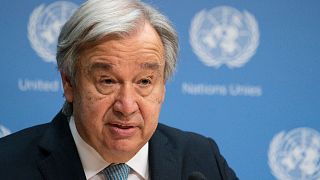 UN Secretary-General Antonio Guterres at a news conference to introduce the second report of the Global Crisis Response Group on June 8, 2022, at United Nations headquarters. 