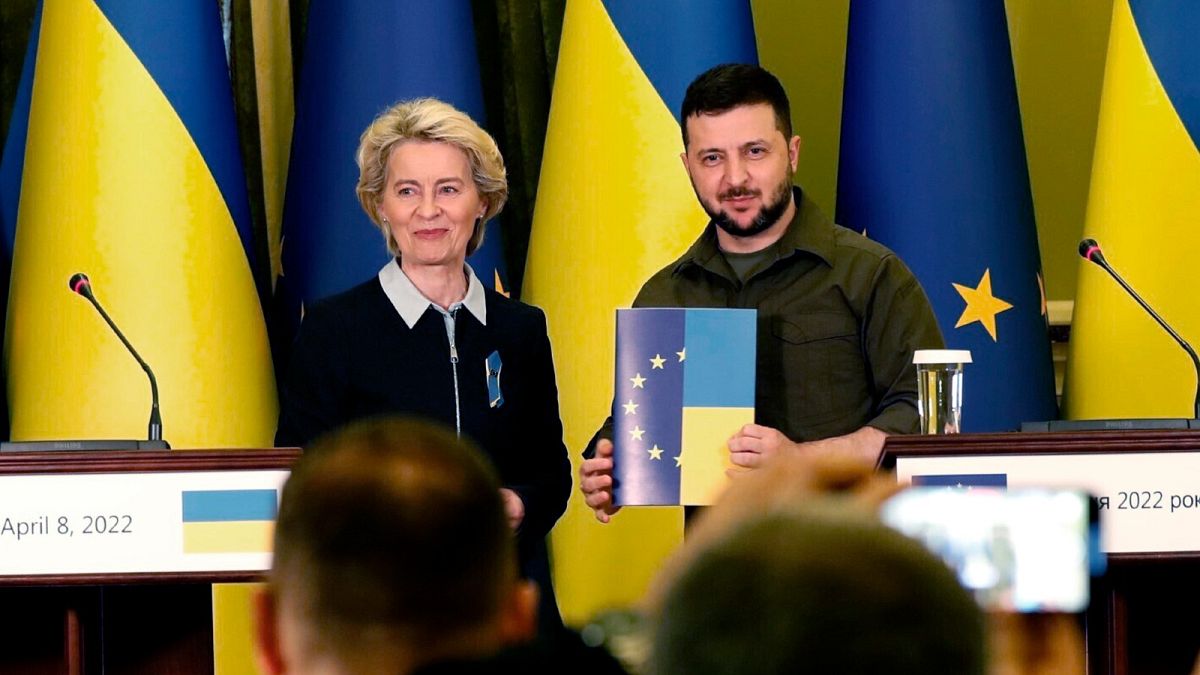 Ukraine's Volodymyr Zelenskyy receives a questionnaire to begin the application for EU membership from Commission President Ursula von der Leyen in Kyiv, April 8, 2022.