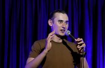 Serhiy Lipko performs in a stand-up comedy show in Kyiv, Ukraine
