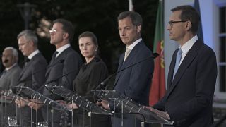 Los siete dirigentes de países miembros de la OTAN reunidos en La Haya, Países Bajos, 14/6/2022