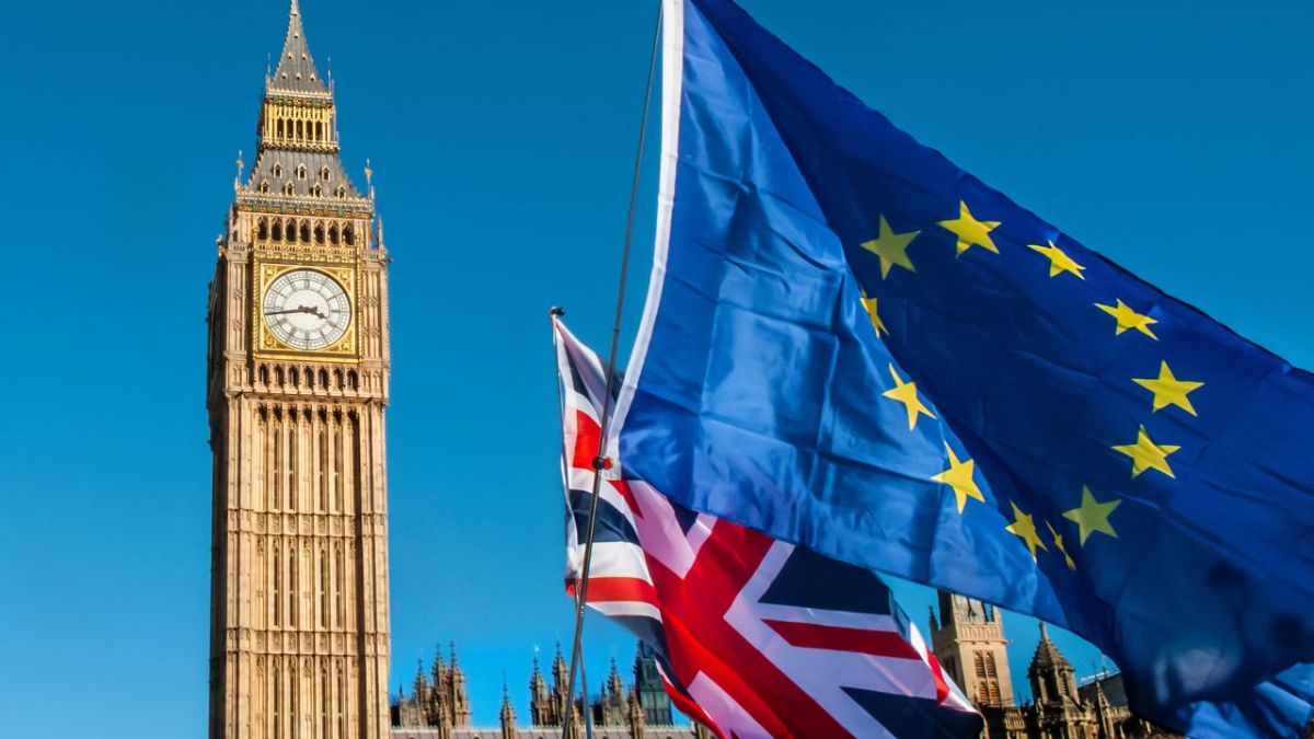 EU and UK flags in front of Big Ben, London, UK.