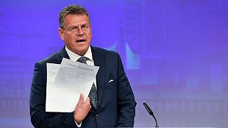 European Commissioner for Inter-institutional Relations and Foresight Maros Sefcovic holds up documents during a media conference at EU HQ, Wednesday, June 15, 2022