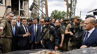 Macron, Draghi és Scholz a Kijev melletti Irpinyben