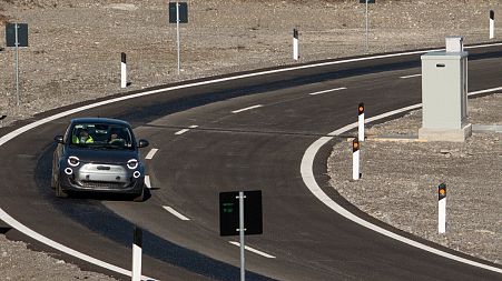 Stellantis tested a 500e on an electric charging road called Arena del Futuro, or Arena of the Future.