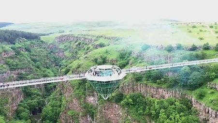 Newly opened Diamond Bridge hangs over Dashbashi canyon in southern Georgia, June 16th 2022