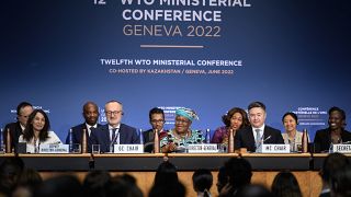 WTO Director-General Ngozi Okonjo-Iweala speaks a World Trade Organization Ministerial Conference at the WTO headquarters in Geneva early Friday, June 17, 2022. 