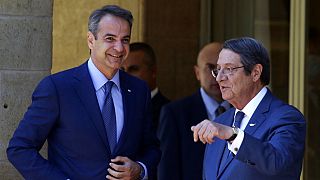 Ο Έλληνας πρωθυπουργός Κυριάκος Μητσοτάκης φτάνει στο προεδρικό Μέγαρο στην Κύπρο