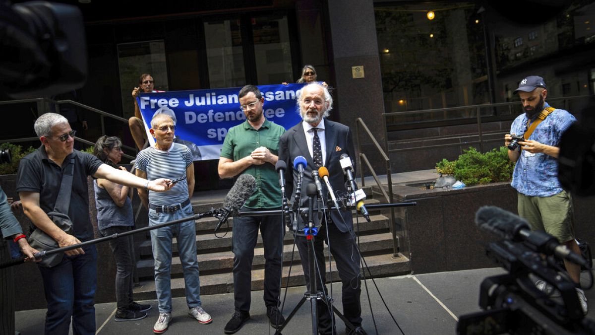 John Shipton, the father of Julian Assange, speaks at a press conference outside the British Consulate in New York on Friday, June 17, 2022.