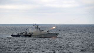 A Russian warship takes part in maneuvers in the Black Sea, Crimea, Thursday, Jan. 9, 2020.