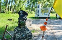 Checkpoint at the entrance to Chernobyl village. After Russian troops left Chernobyl, the Ukrainian army has taken control of the site..