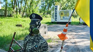 Checkpoint at the entrance to Chernobyl village. After Russian troops left Chernobyl, the Ukrainian army has taken control of the site..