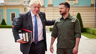 Volodímir Zelenski y Boris Johnson en Kiev, en la visita sorpresa del primer ministro británico