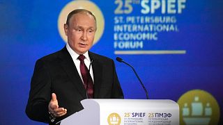 ussian President Vladimir Putin gestures as he addresses a plenary session of the St. Petersburg International Economic Forum in St. Petersburg, Russia, Friday, June 17, 2022.