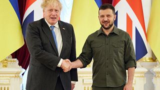 Ukrainian President Volodymyr Zelenskyy, right, and Britain's Prime Minister Boris Johnson, Kyiv 17 June 2022