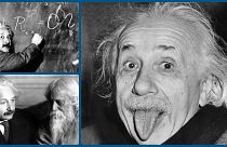 Albert Einstein születésnapi fotója (j), a Tejút sűrűségének képlete (b fent), Einstein és Rabindranath Tagore (j lent)
