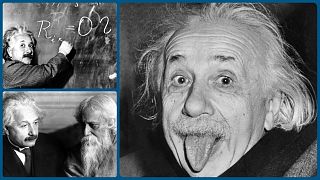 Albert Einstein születésnapi fotója (j), a Tejút sűrűségének képlete (b fent), Einstein és Rabindranath Tagore (j lent)