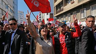 عبير موسي، الزعيمة التونسية للحزب الدستوري الحر خلال تجمع حاشد في العاصمة تونس في 13 مارس 2022.