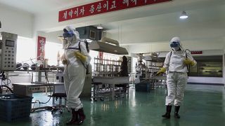 مسؤولو الصحة يطهرون مصنعا للمنتجات الرياضية في بيونغ يانغ بكوريا الشمالية.