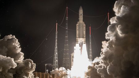 Image shows an Ariane 5 rocket blasting off from the Kourou Space Centre (Europe spaceport), in Kourou, French Guiana.