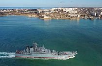 The Russian navy's amphibious assault ship Kaliningrad sails into the Sevastopol harbor in Crimea, 10 February 2022