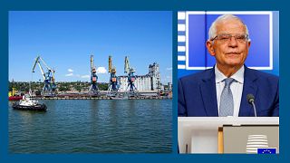 A g. : le port de Marioupol, le 12/06/2022 - A dr. : Josep Borrell, chef de la diplomatie de l'UE, le 17/05/2022