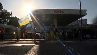 A protest at a Lukoil petrol station in Belgium.