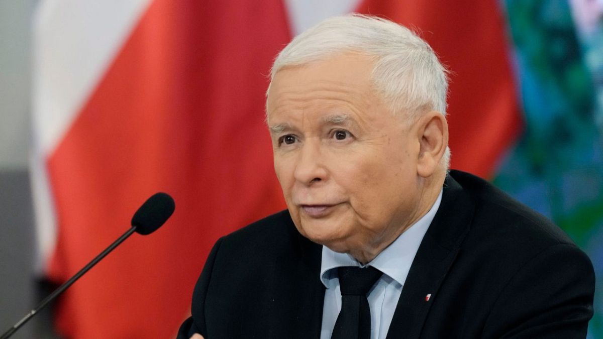 Jaroslaw Kaczynski, the head of Poland's ruling party Law and Justice, speaks at a news conference in Warsaw, Poland, on Tuesday Oct. 26, 2021.