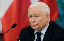 Jaroslaw Kaczynski, the head of Poland's ruling party Law and Justice, speaks at a news conference in Warsaw, Poland, on Tuesday Oct. 26, 2021.