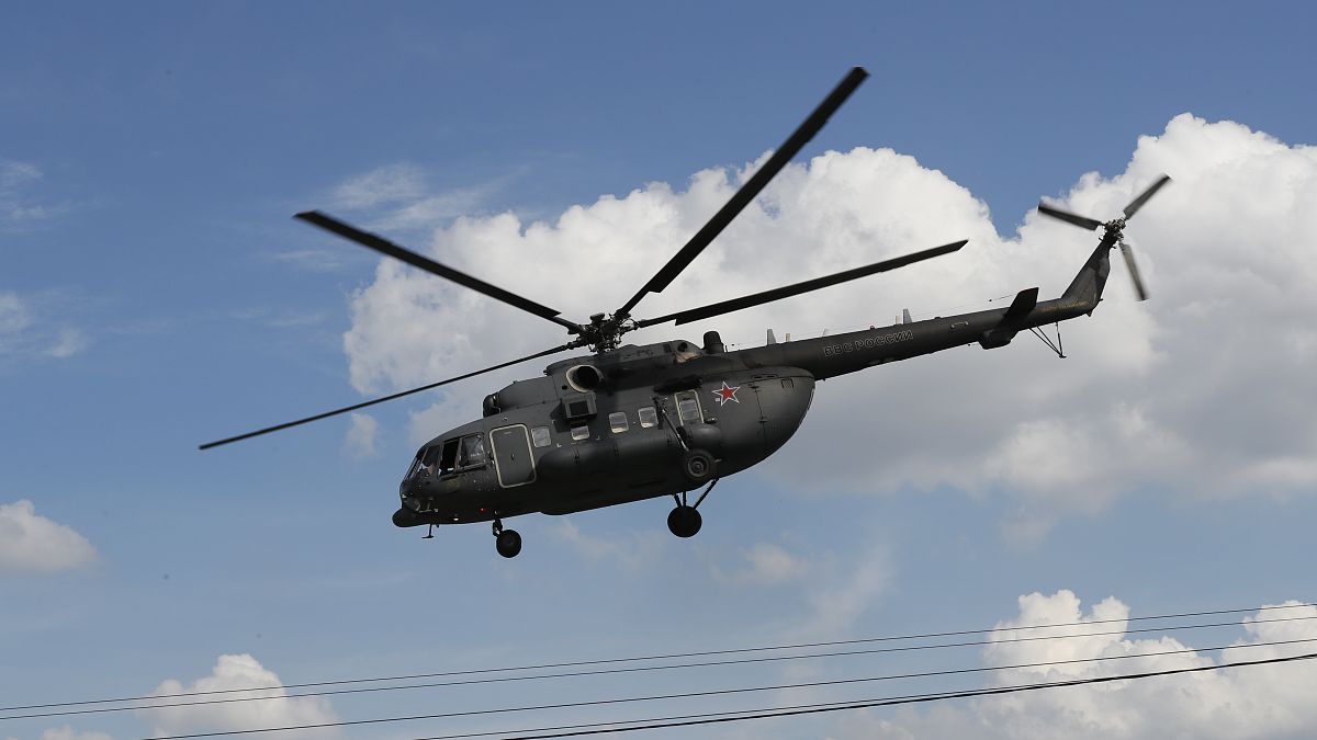 A Russian military Mi-8 helicopter pictured in the skies above in Moscow.