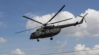 A Russian military Mi-8 helicopter pictured in the skies above in Moscow.