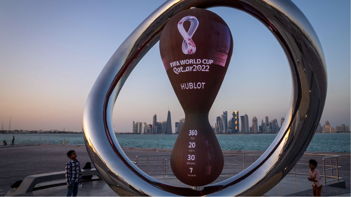 ساعة العد التنازلي الرسمية التي تظهر الوقت المتبقي على انطلاق مونديال 2022 في الدوحة
