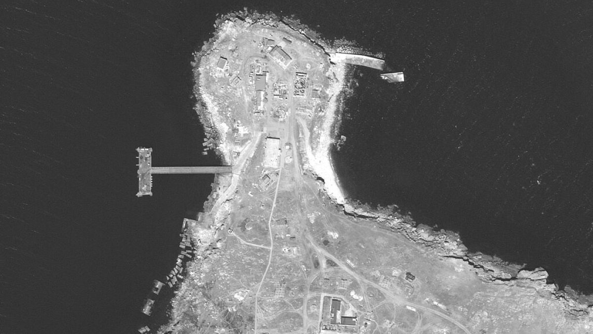 This WorldView-1 satellite black and white image from Maxar Technologies shows an overview of the northern end of Snake Island, in the Black Sea, on June 17, 2022. 