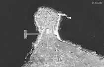 This WorldView-1 satellite black and white image from Maxar Technologies shows an overview of the northern end of Snake Island, in the Black Sea, on June 17, 2022.