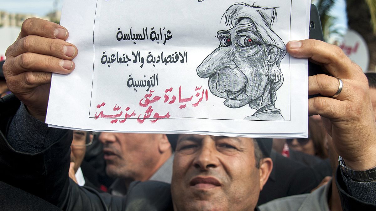 عامل تونسي يرفع ملصقًا كتب عليه: "كريستين لاغارد امرأة تدعم السياسة والاقتصادية والاجتماعية التونسية، الزيادة حق وليست منة". 2018/11/22