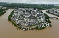 Aerial photo shows flooded areas of Wuyuan County, southeastern China's Jiangxi Province, June 20, 2022.