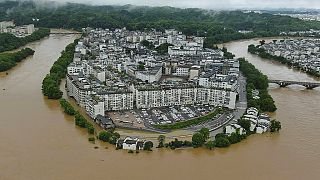 Aerial photo shows flooded areas of Wuyuan County, southeastern China's Jiangxi Province, June 20, 2022. 