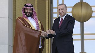 Mohammed bin Salman and Recep Tayyip Erdogan shake hands during a welcome ceremony in Ankara.