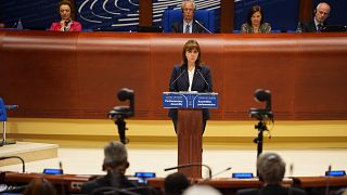 Η Πρόεδρος της Δημοκρατίας Κατερίνα Σακελλαροπούλου μιλάει στην Ολομέλεια της Κοινοβουλευτικής Συνέλευσης του Συμβουλίου της Ευρώπης, στο Στρασβούργο